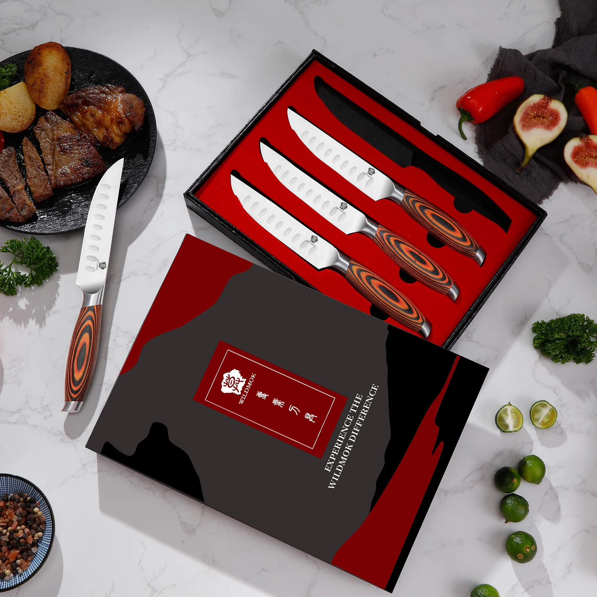 WILDMOK 4er-Pack 5-Zoll-Steakmesser aus Edelstahl mit Pakkaholzgriff, traditionelles Design für die Küche_voghion.com