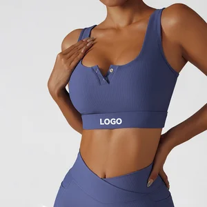 Workout Clothing Women's Button V-neck Casual Gym Push Ups High Stretch Sports Bra Short Yoga Tops