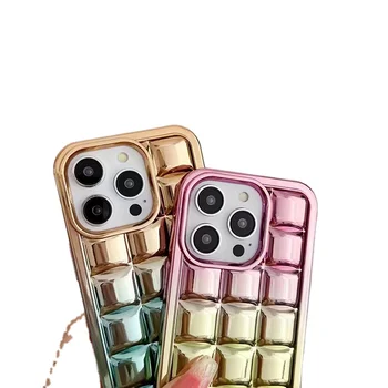 Fashion Ins Style Phone Case for iPhone 15 14 13 12 Pro Max Electroplated Grid Glossy TPU Nylon Lanyard Strap Mobile Cover