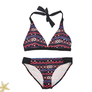 Retro Ethnic Geometric Print Women's Bikinis Set Two Piece V Neck Bathing Suit Crisscross Halter Top Swimsuit Beachwear