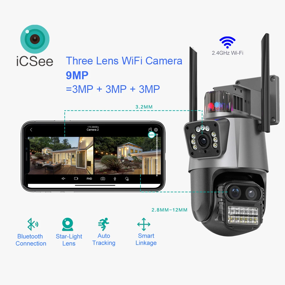 ICSee Triple Lens 8MP 9MP Dome WiFi PTZ Camera 4K with Siren Flashing Alarm