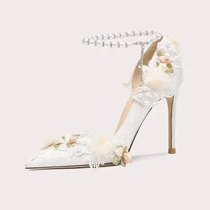 Elegant Bridal Heels with Pearl Ankle Strap Lace Flower Fur Decor Romantic Wedding Shoes for Brides