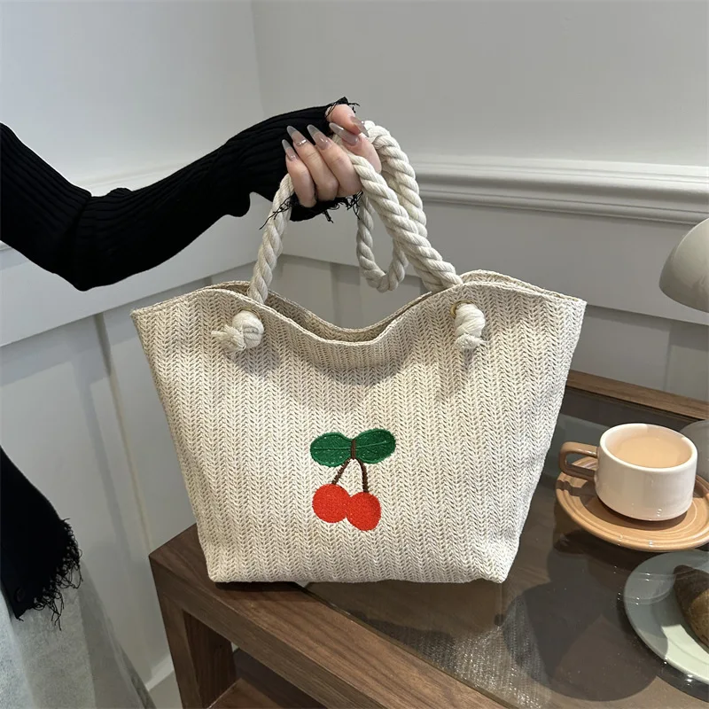 Straw Bag Holiday Beach Bag Stylish Lovely Cherry Embroidery