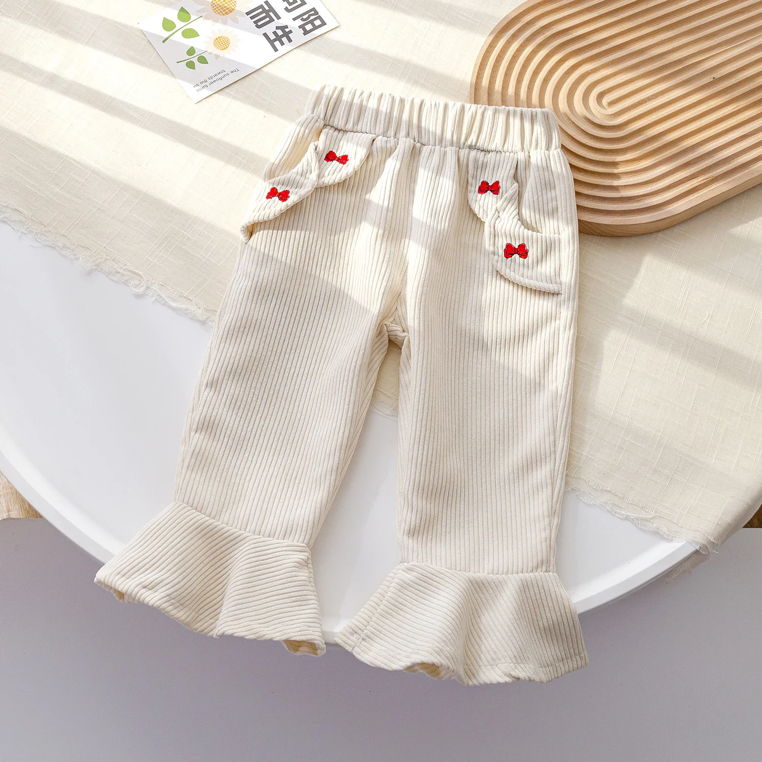 Girls' Autumn New Pants Children's Solid Color Corduroy Pants Baby Cute Bow  Trousers Tide