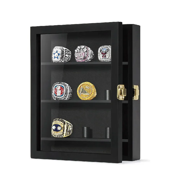 8 x 10 Wall Mount Wooden 9 Ring Posts Baseball Ring Display Case Glass Shadow Box with Locks