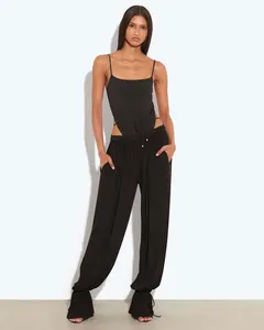 Two Piece Pant Set for Women Backless Bodysuit Tops and Loose Flared Pant Black Fashion Female Matching Trousers Sets