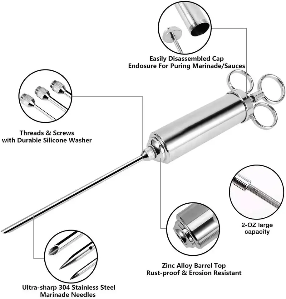 Stainless Steel Meat Injector Kit,Meat Injector Syringe With 3 Marinade
