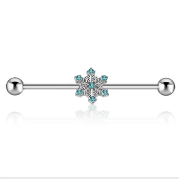 New 16G Stainless Steel Blue Snowflake Industrial Barbell Earring Cartilage Body Piercing Jewelry 38mm Industrial Piercing