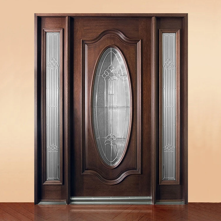 China Factory Prices Contemporary Exterior Simple Oval Glass Teak Solid Wood Front Entry Door Designs