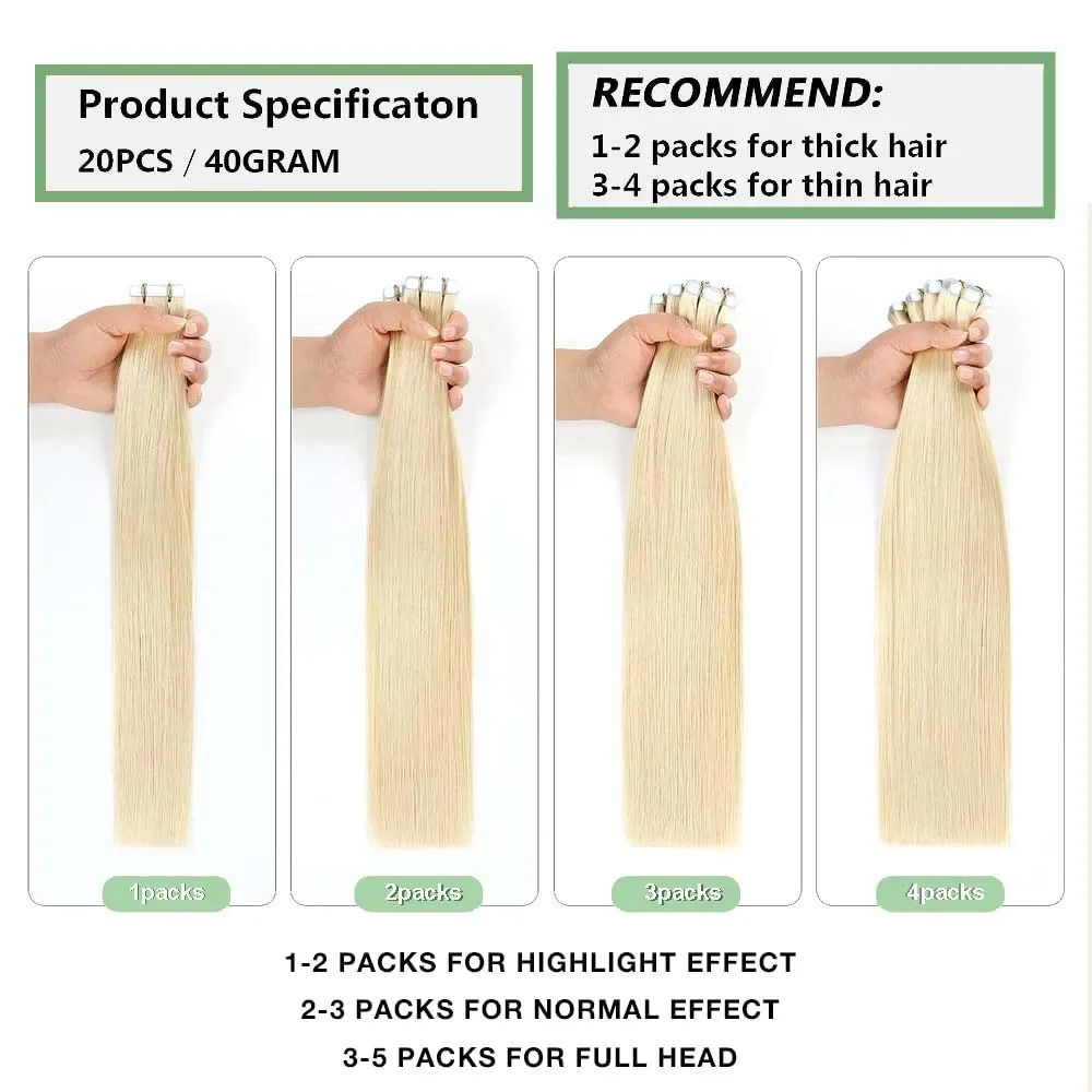 Extensii de păr cu bandă adezivă, blond 613, păr uman Remy, fără sudură, 20 buc._voghion.com