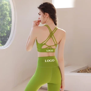 Women's Sexy Crisscross Back Yoga Set, Summer Sports Bra & Leggings, High Elastic Pilates Running Gym Workout 2-Piece Outfit