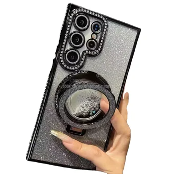 Bling Diamond Holder Stand Mobile Phone Case for Samsung Galaxy S24 S23 S22 Ultra Diamond Cover Lens Film Protect Case