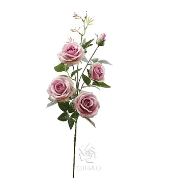 Qihao 5 Head Artificial Purple Flowers Fake Long Stem Bulk Silk Realistic Roses for Home Wedding Decorations