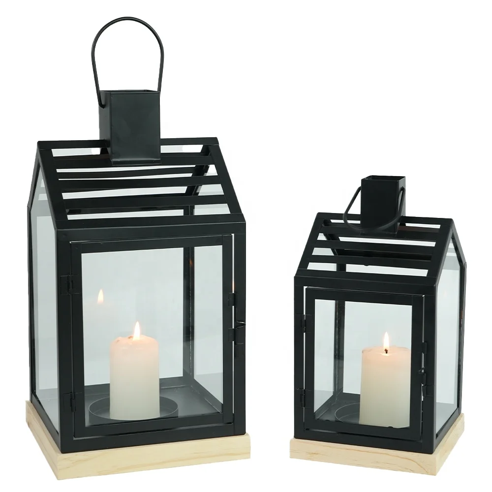 Set of 2 House Design Metal Lantern with Wooden Base Glass Panels Lanterns