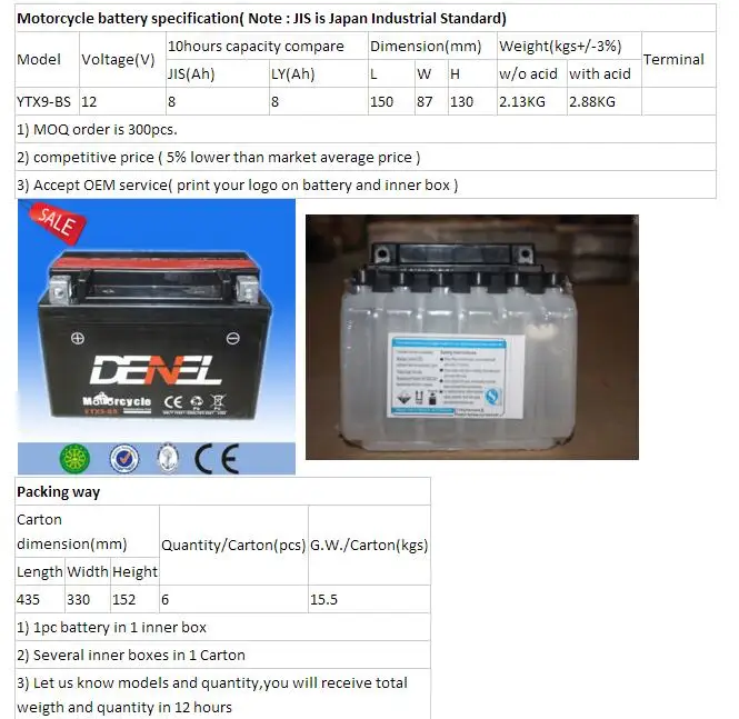 ヤマハ YBR 125 12 N9 バイク用バッテリー DENEL YTX9-BS バイク用