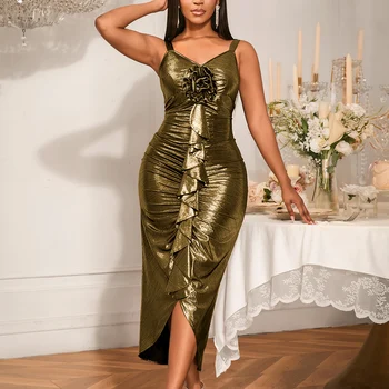 AM050426 Sexy Spaghetti Strap Ruched Asymmetric Hem Metallic Bodycon Gold Flower Women's Cocktail Dresses