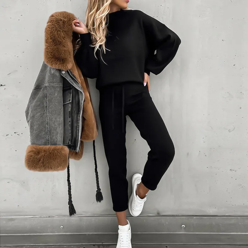 2021 высококачественный удобный хлопковый Повседневный Женский комплект с толстовкой с круглым вырезом и длинным рукавом