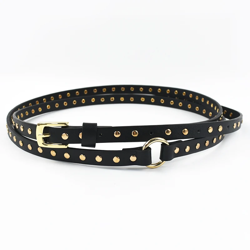 thin black belt for dress Punk Rock Thin Long Belt for Women / Black Women's Belt with Rivets