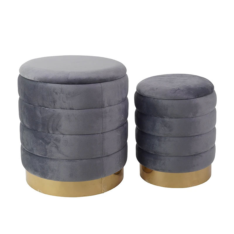Stylish Round Velvet Storage Stool for Foot Rest With Gold Base for Livingroom