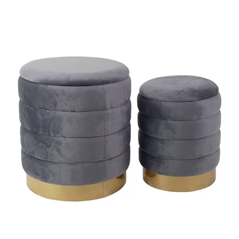 Stylish Round Velvet Storage Stool for Foot Rest With Gold Base for Livingroom