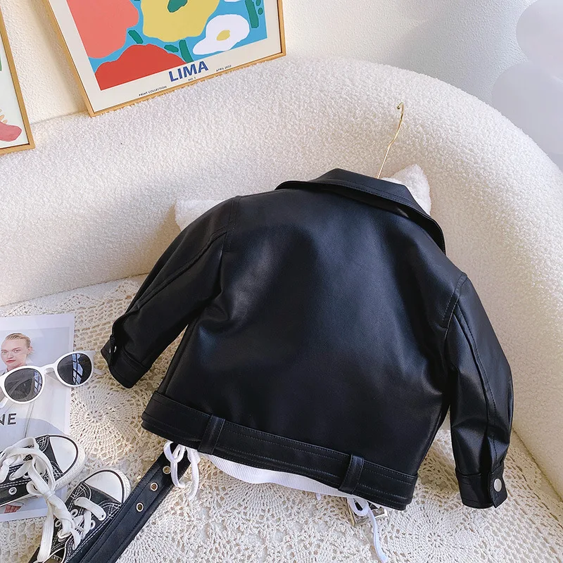 2023 Spring Autumn Children Boy PU Leather Coat Kids Fashion Long Sleeve Black High Quality Baby Girl Leather Jacket