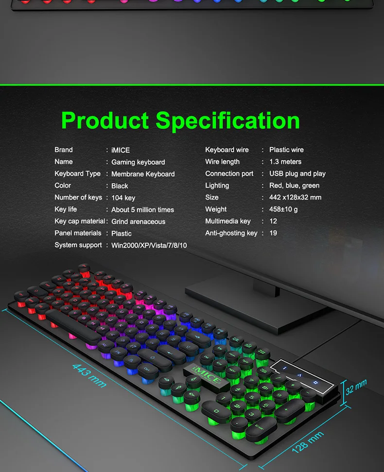 Imice Ak-800 Standard Luminescent Keyboard Wired Keyboard Waterproof ...