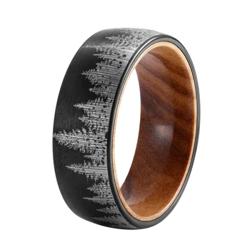 POYA TUNGSTEN 8 mm Black Forest Mountain Ring Men's Wedding Band with Oliver Wood Liner Comfort Fit