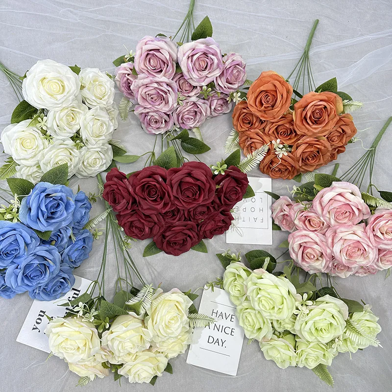 product qyy high quality new artificial flower meijiang bunch 9 large curled rose green silk cloth artificial flower-61