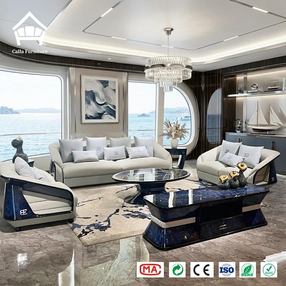Modern Luxury Yacht Grand Genuine Leather 1-2-3 Sofa Set Automotive Inspired Royal Blue High Gloss One-stop Furniture Solution
