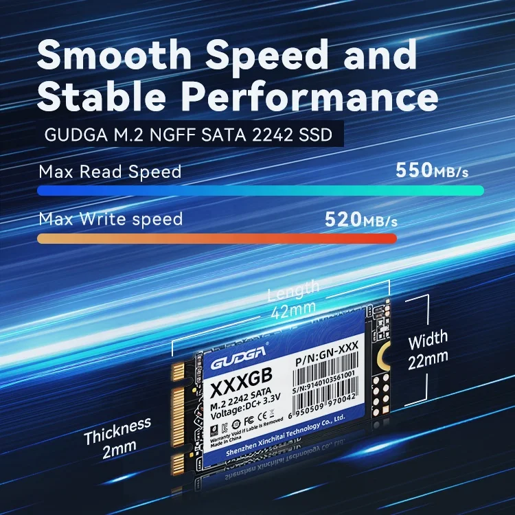 M.2 NGFF 2242 SATA III SSD 128GB-2TB, 0°C~+70°C Çalışma Sıcaklığı