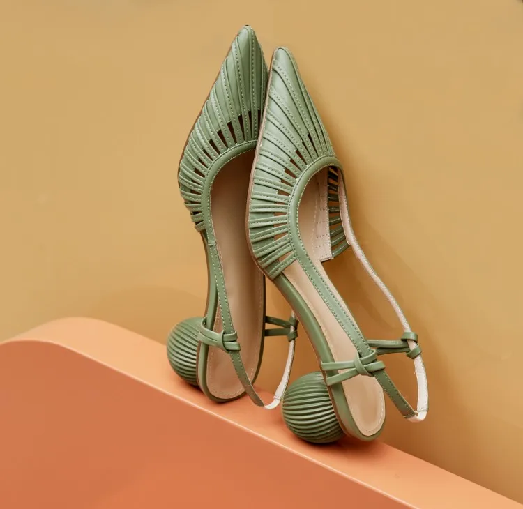 Real Leather Mules Slippers Strange Round Ball Trendy Elegant Unique  Designer Luxury Heels for Women