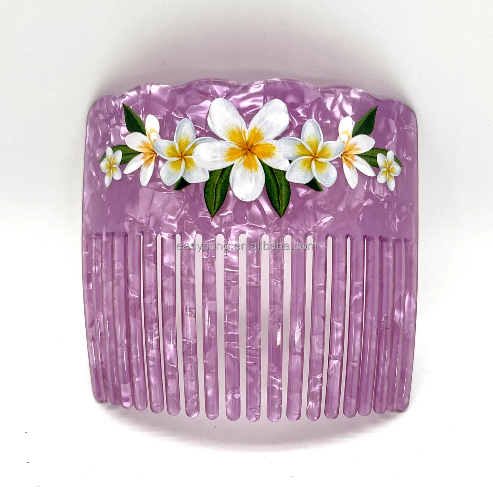 Women Combs Acrylic Hair Combs For Long Hair With Plumeria Frangipani