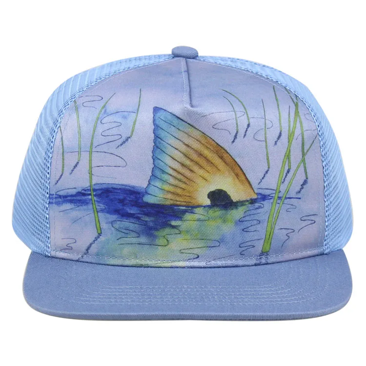 Custom 5-Panel Flat Bill Mesh Trucker Hats with 3D Embroidery Sublimation Printed for Sports and Outdoor Activities