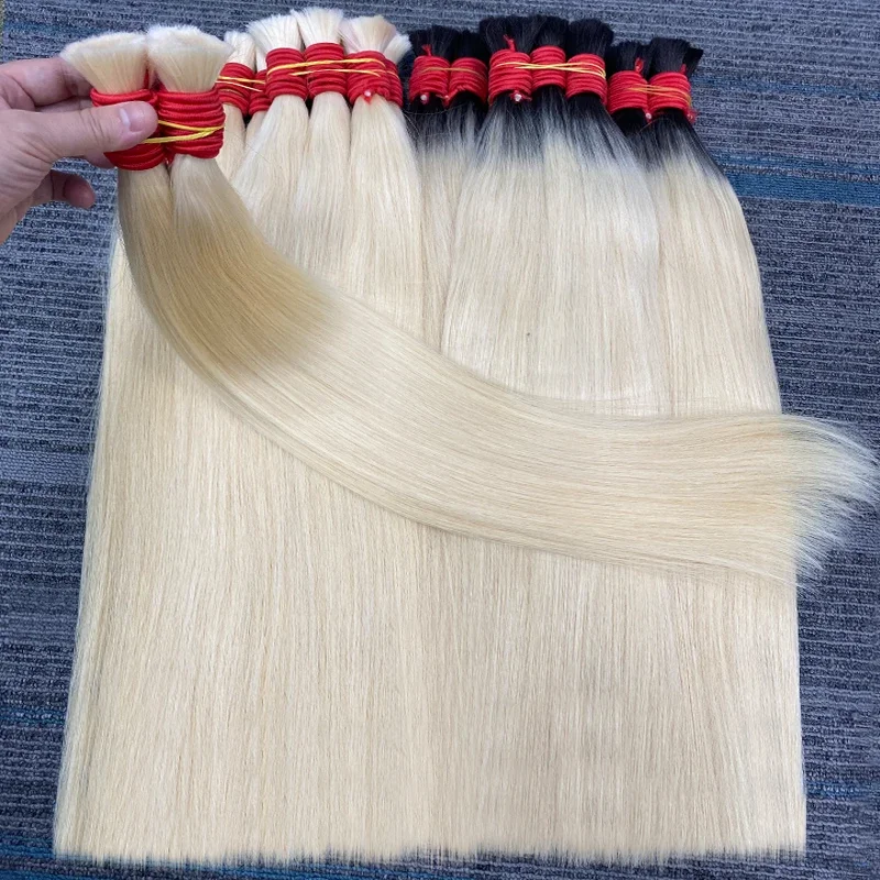 100% Real Virgin Straight Human Hair Bulk Extension Bundles 613 Honey Blonde Weaving For Braiding_voghion.com
