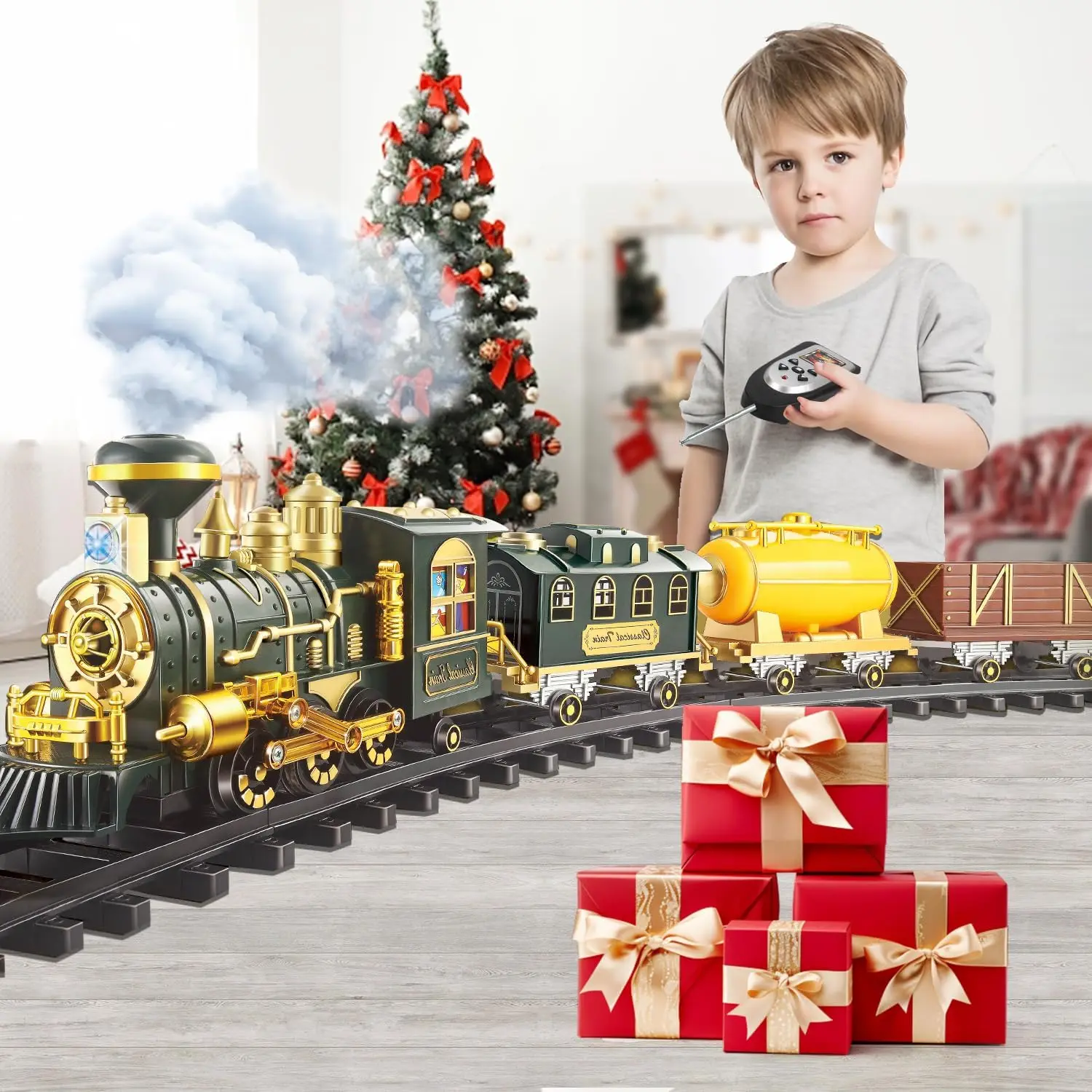 Large Train Set Remote Control Train Toys W/Dinosaurs Electric Train W/Lights & Sounds Steam Locomotive Christmas TOY Train