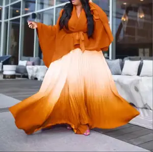 Fashionable V-neck Pleated Top Gradient Pleated Skirt Date Party Plus-size Pleated Set