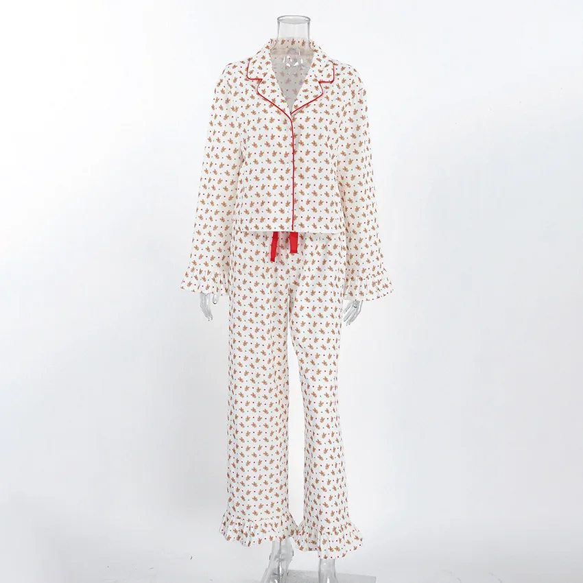 Christmas Theme Womens Pure Cotton Breathable Skin Friendly Printed Long Sleeve Top Pants Cozy Two Piece Loungewear Set — detail