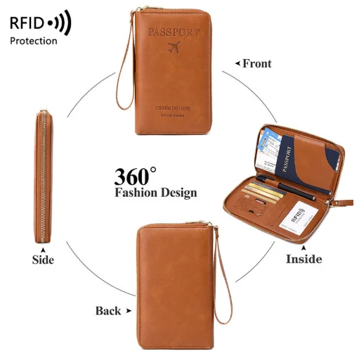 Solid Color RFID PU Leather Passport Credit Card Wallet Customizable Business Card Holder Stylish Travel Zipper Closure 6 Inch