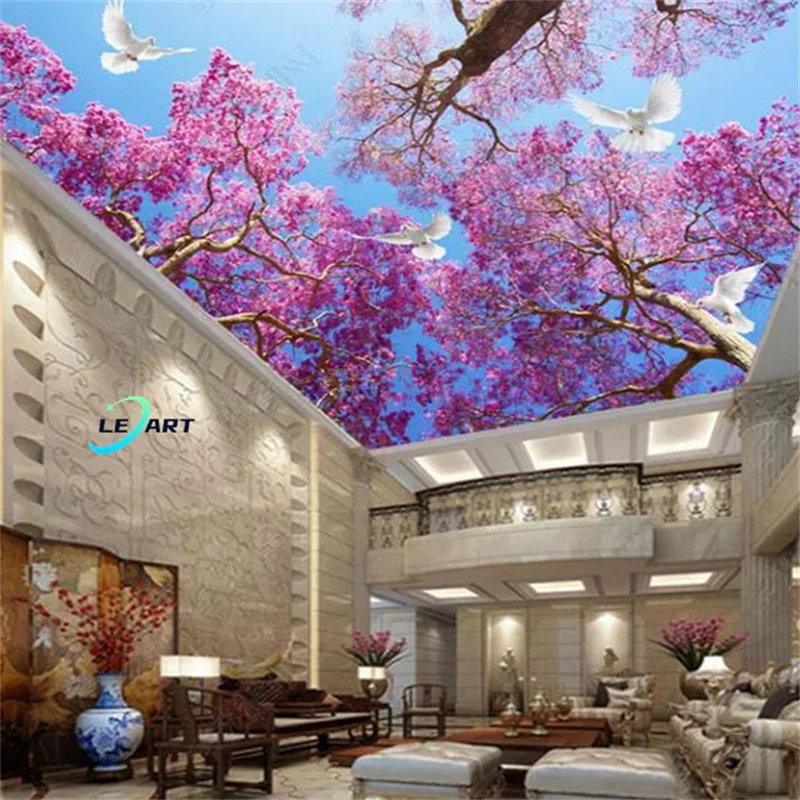 Pre-stretched Double Layer Panels Fabric Art Flowers Ceiling Wallpaper  Mural Design 3d False Stretch Ceiling