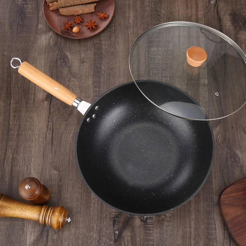 Ht Cookware Chinese Style Wok With Wooden Handle And Lid Nonstick