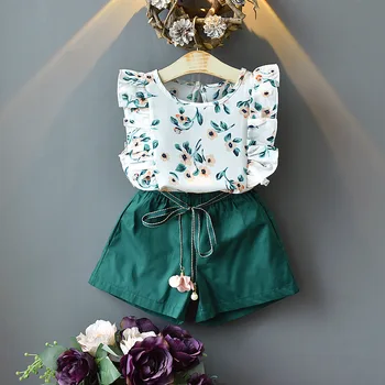 New Korean Style Floral Baby 2 Pics Kids Summer Wholsale Clothes Girls' Sleeveless Clothing Sets