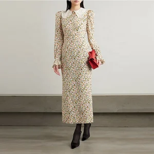 Clothing Manufacturer Custom Spring Autumn Polo Neck Long Sleeve Ruffle Print Elegant Casual Women Maxi Dress