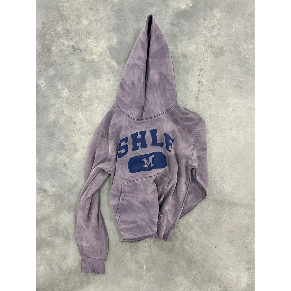 Custom Men Vintage Distressed Pullover Cropped Hooded Sweatshirts Cotton Screen Print Raw Hem Acid Wash Sun Fading Hoodie Unisex gallery 8