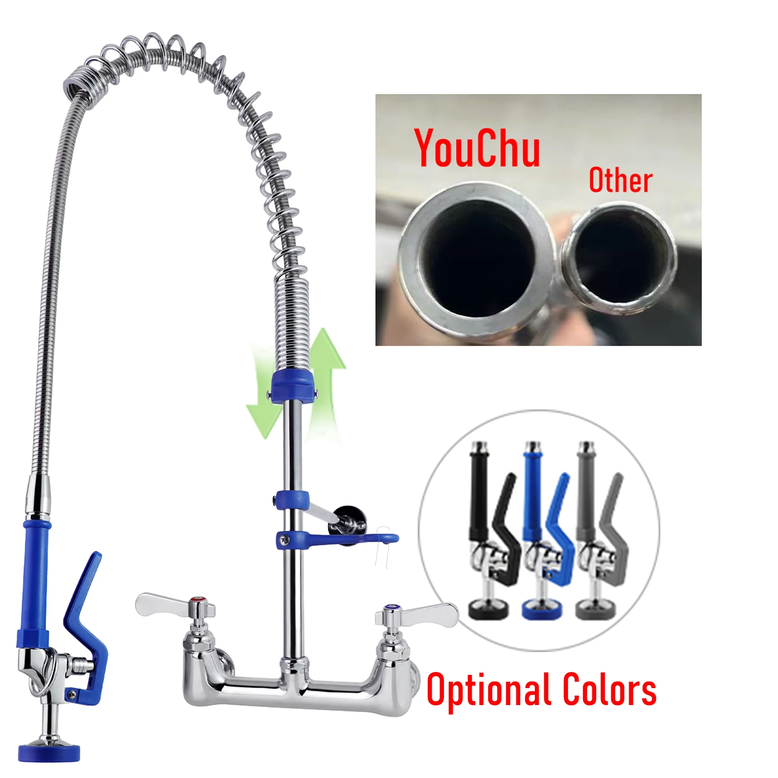 Luksusowy kuchenny wylewka ze stali nierdzewnej z dwoma uchwytami, montowana na ścianie, do ciepłej i zimnej wody, z funkcją pre-rinse, 2-otworowa, do użytku komercyjnego i przemysłowego