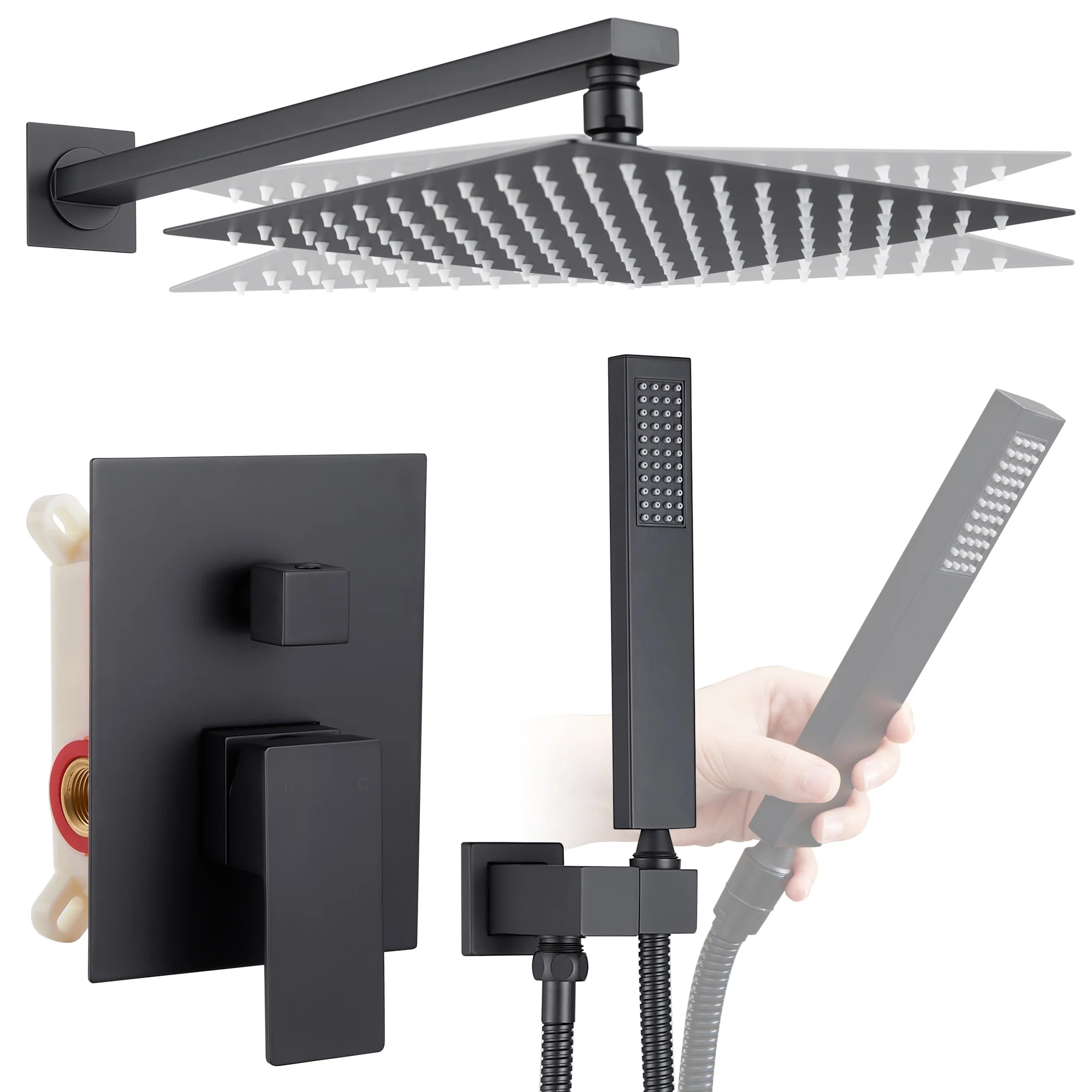 Modern Matte Black Concealed Shower Set, Wall Mounted Rainfall Shower Head with Solid Brass Valve for High-End Renovations