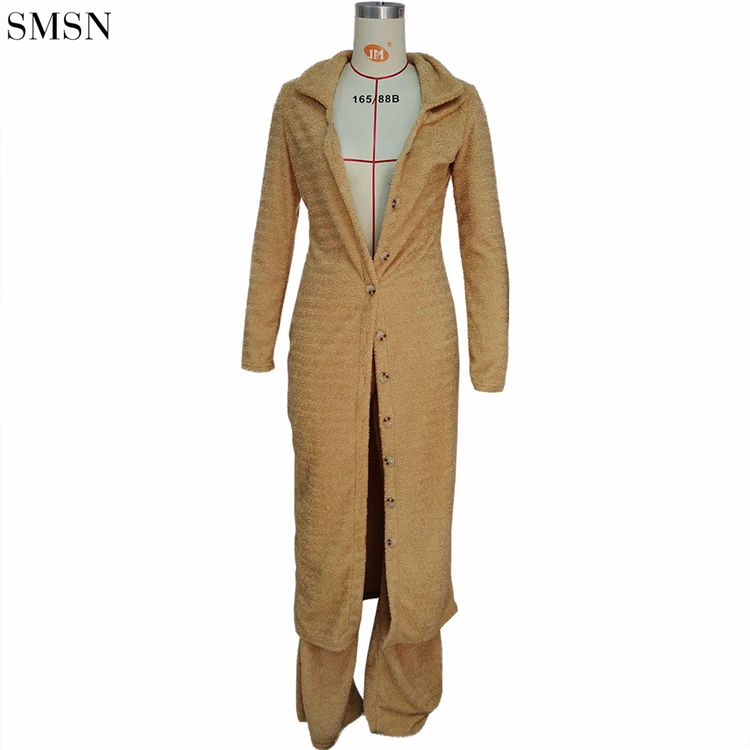 Best Design Solid Color Plush Long Coat Casual Suit Wholesale 2 Piece Set Women Clothes 2 Pice Women Sets