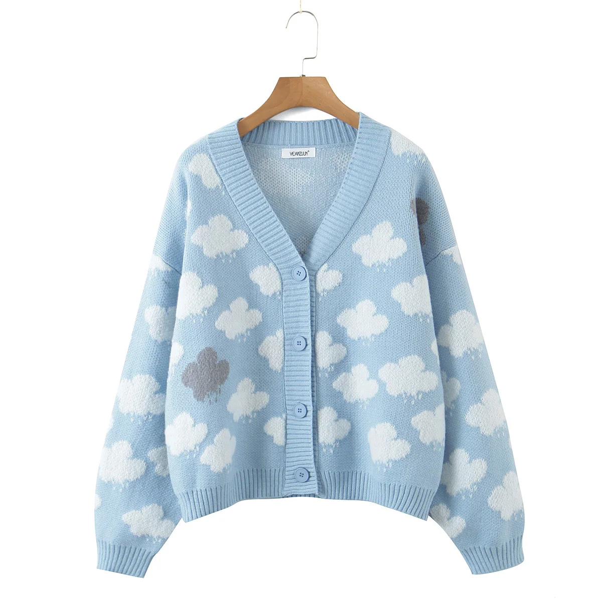 Light Blue Color Cloud Pattern V Neck 