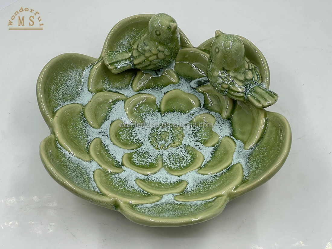 Creative Heavy Stoneware Ceramic Pet Bowl with Two Bird Figurine Pet Bath Plate Bird Feeder Bird House Reactive Dark Green Color