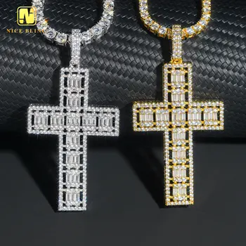 Wholesale price gold plated brass jewelry fashion hip hop cross pendant baguette cut CZ diamond charm pendants for men women