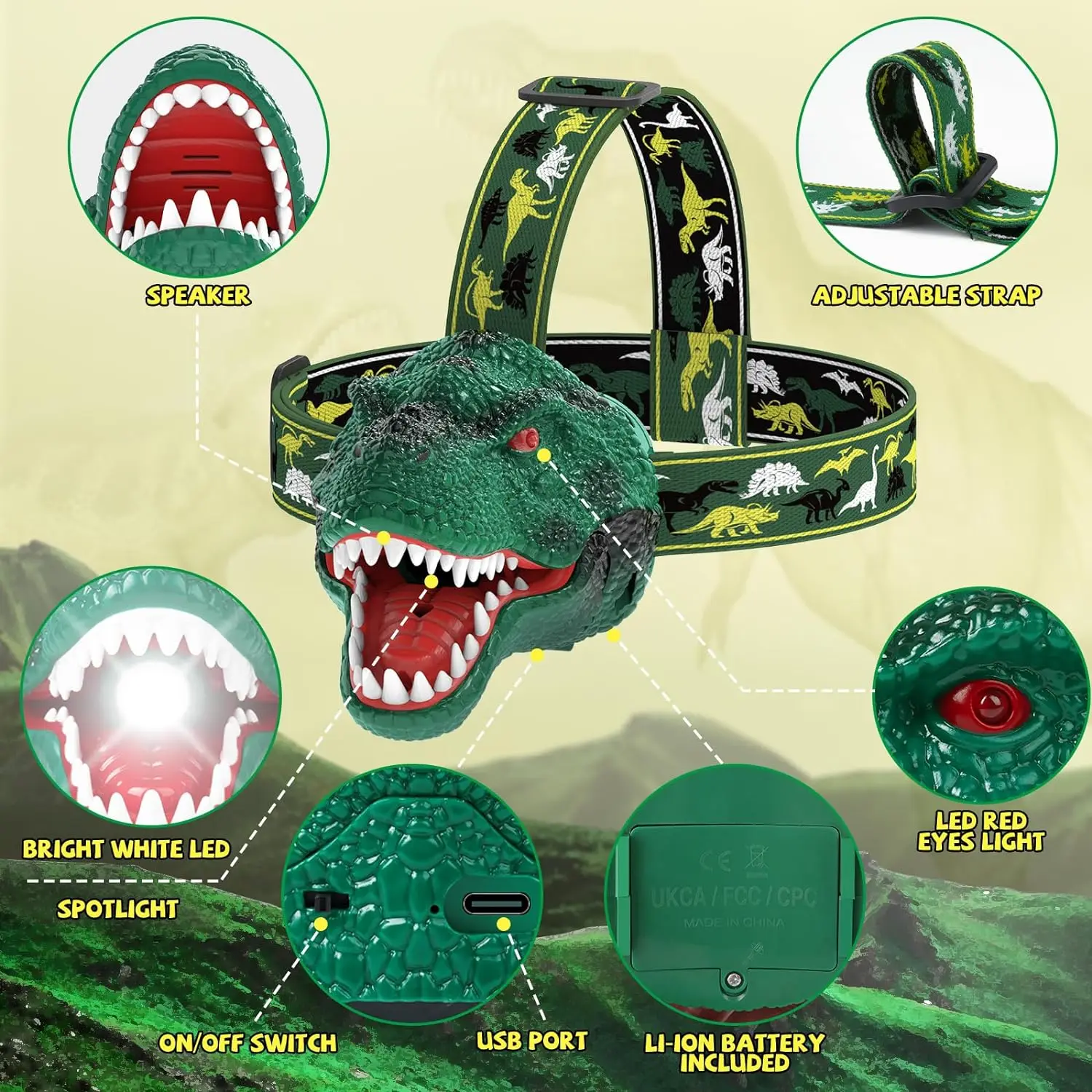 Dinosaur Flashlight Rechargeable Led Headlights Roar & Silent Mode Camping Gear Gifts for Boys Girls Adults Headlamp for Kids